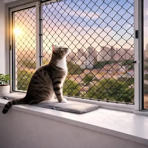 Gato junto a uma janela com rede de proteção